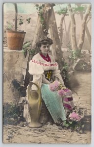 RPPC Pretty Woman Gypsy Hand Colored Studio Forest Scene Real Photo Postcard B31