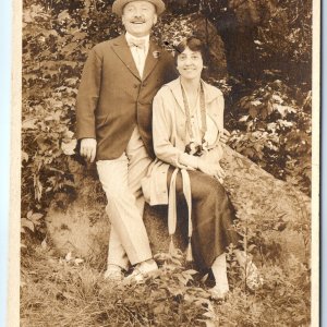 c1920s Cute Happy Couple Outdoors RPPC Smile Laughing Nice Teeth Real Photo A142