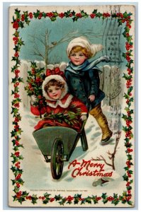 1912 Christmas Children Pulling Cart Winter Berries Tuck's Laminated Postcard