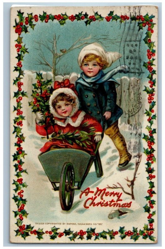 1912 Christmas Children Pulling Cart Winter Berries Tuck's Laminated Postcard