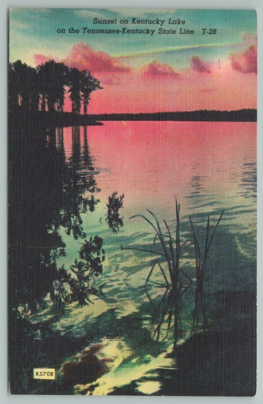 Kentucky State Line~Sunset Over Lake~Vintage Postcard