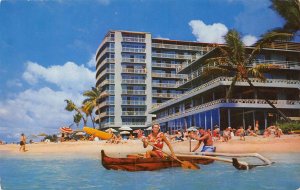 Outrigger Canoe Reef Hotel Waikiki Beach Honolulu Hawaii 1960s postcard