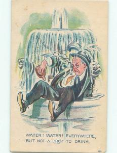 Pre-Linen Comic DRUNK MAN FALLS INTO THE FOUNTAIN AB8807