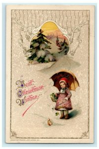 John Winsch 1914 Christmas Girl w/ Umbrella Germany Antique Postcard 