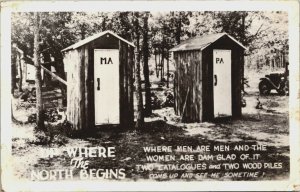 RPPC Up Where the North Begins Ma Pa Outhouses Real Photo Postcard DOPS