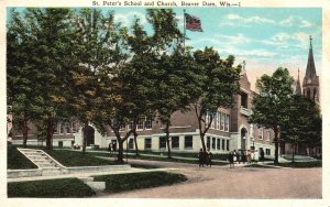 Vintage Postcard 1936 St. Peter's School and Church Beaver Dam Wisconsin WI