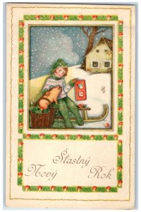 c1910's New Year Slovakia Little Boy With Piglet Shamrock In Basket Postcard