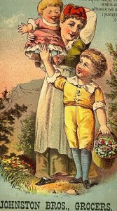 1880s Johnston Bros Grocers Mother Children Picking Flowers Commin Allen Akron