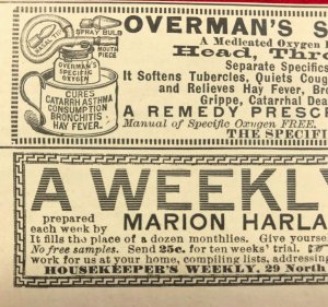 1892 Overman's Specific Oxygen Victorian Original Print Ad 2V1-103 