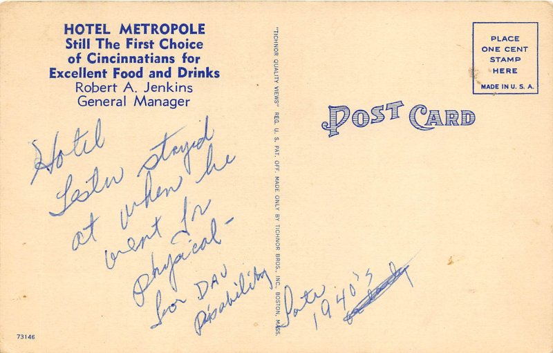 Cincinnati Ohio c1945 Postcard Hotel Metropole