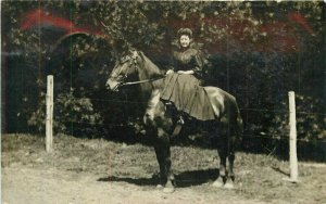 Woman looking pretty on Horse back 1909 RPPC Photo Postcard 22-868
