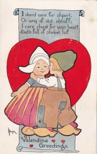 VALENTINE'S DAY, 1900-10s; Greetings, Dutch boy kissing girl on cheek, Red Heart