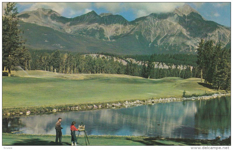 Lac Beauvert, Pyramid Mountain, Athabasca Valley, Woman Painting, Jasper, Alb...