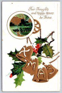 Fair Thoughts & Happy Hours, Holly, Rural Scene, Xmas Bells, Christmas Postcard
