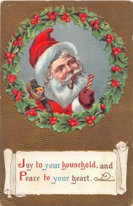 E11/ Santa Claus Merry Christmas Holiday Postcard c1910 Gold Candy Cane 1