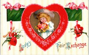 VALENTINE Greeting   Red HEART, CUTE LITTLE GIRL  1914  Embossed   Postcard 