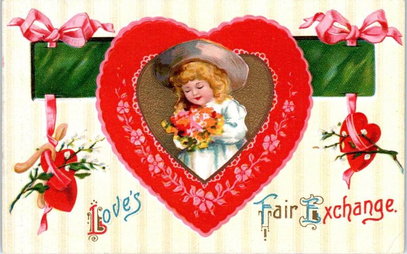 VALENTINE Greeting   Red HEART, CUTE LITTLE GIRL  1914  Embossed   Postcard