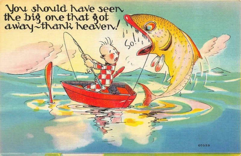 3 Comics THREE FISH EXAGERATIONS Man With Cigar~Fish In Mouth c1940's Postcards