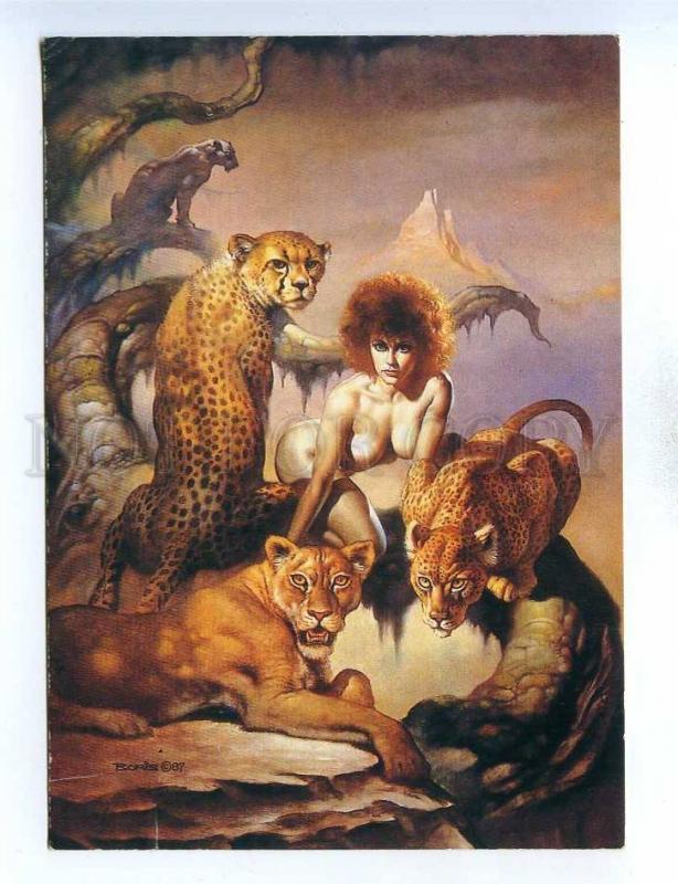 195428 hostess cats leopard by Boris Vallejo old postcard