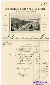1903 Grand Hotel Pension Bellevue Zurich Letterhead Bill #DL