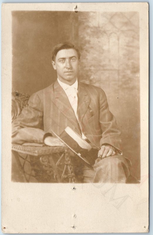 c1900s Chicago, IL Gentleman Man RPPC Portrait Hat Real Photo Fain Corning A258