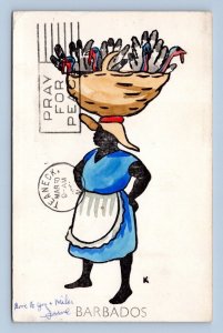 Hand Painted NAN KENDALL Watercolor Woman Carrying Basket Barbados Postcard B14