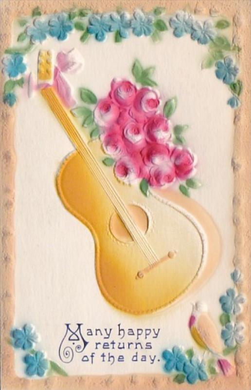 Many Happy Returns With Guitar and Pink Roses 1910