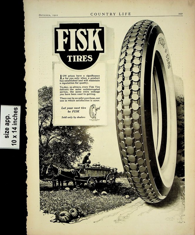 1921 Fisk Tires Low Price Vintage Print Ad 6976