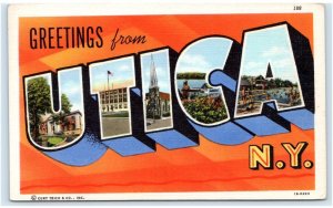 Large Letter Linen UTICA, NY New York ~ c1940s Oneida County Curt Teich Postcard