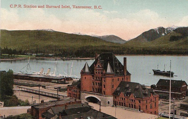 Postcard C.P.R. Station + Burrard Inlet Vancouver BC Canada