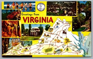 Postcard VA c1970s Greetings from Virginia Cropped State Map Multi View