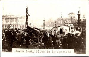 Real Photo Postcard Boche Tank, Place de la Concorde German Tank in Paris France