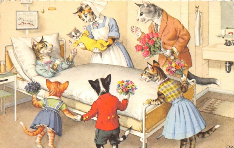 F60/ Alfred Mainzer Dressed Cats Postcard c1940s Kitten Delivery Hospital 22