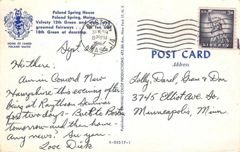 Golf Course POLAND SPRING HOUSE Maine 12th Green Golfers 1961 Vintage Postcard