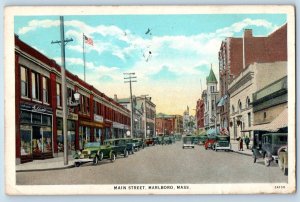 Marlboro Massachusetts Postcard Main Street Classic Cars Buildings 1935 Vintage