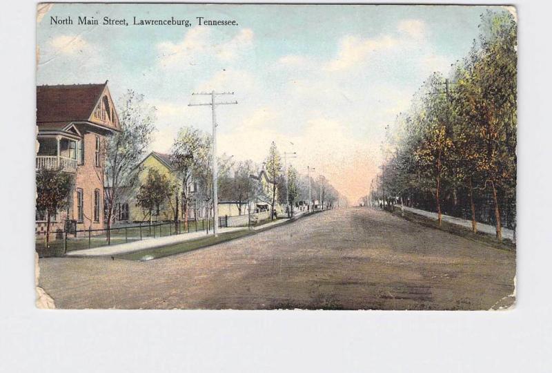 PPC POSTCARD TENNESSEE LAWRENCEBURG NORTH MAIN ST. RESIDENTIAL STREET VIEW 1912 