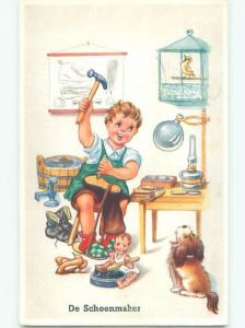 Pre-1980 foreign DOG AND BIRD IN BIRDCAGE BY COBBLER BOY MAKING BOOTS J4522