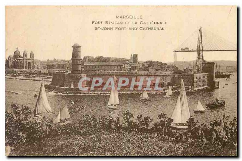 Old postcard Marseille Fort St John and the Cathedral