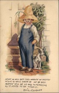 Phil.Osopher Little Boy Farmer Puppy Dog Glasses Overalls Vintage Postcard