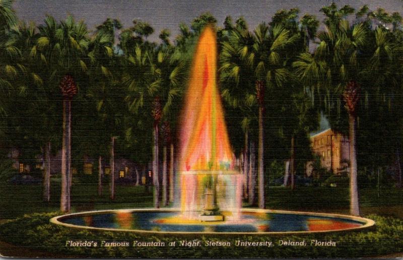 Florida Deland Stetson University Fountain At Night Curteich