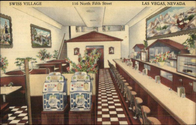 Las Vegas NV Swiss Village Old Slot Machines Lunch Counter Linen Postcard 