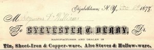 1878 ELIZABETHTOWN NY SYLVESTER C DERBY TIN SHEET-IRON  BILLHEAD INVOICE Z4053