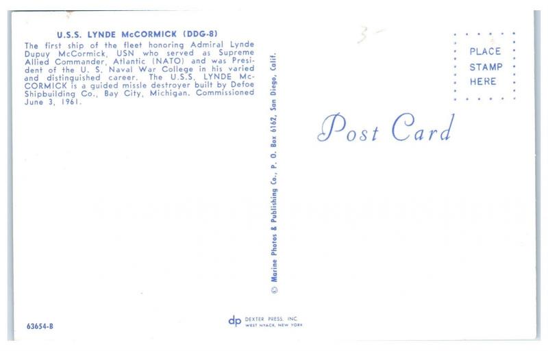 1960s USS Lynde McCormick DDG-8 Destroyer Postcard