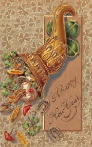 New Year Greetings Cornucopia Horseshoe Clovers Vintage Postcard AA31172