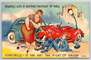 1939 Always Give Woman The Right Of Way Woman Punch Man's Face Posted Postcard