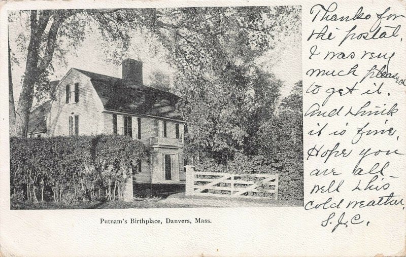 Putnam's Bithplace, Danvers, Massachusetts, Early Postcard, Used in 1906
