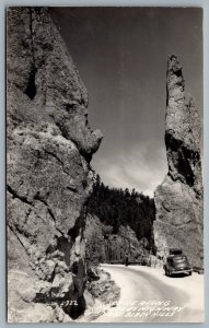 Postcard RPPC c1940s Black Hills SD Scene Along Needles Highway Old Car