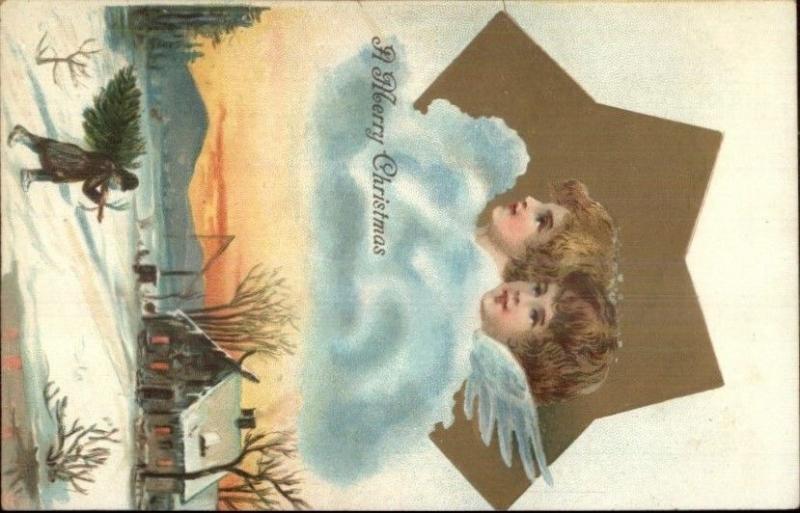 Christmas - Angel Child Faces in Clouds c1910 Postcard