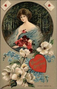 Baumann Valentine Beautiful Woman with Roses c1910 Vintage Postcard