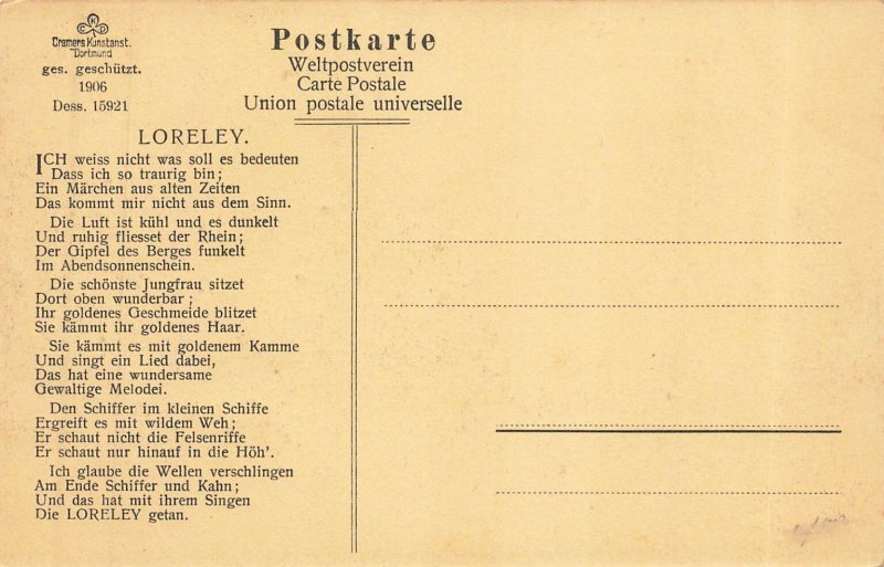 1906 Loreleyfels Rhine River Germany Paddle Steamer Postcard Cramers